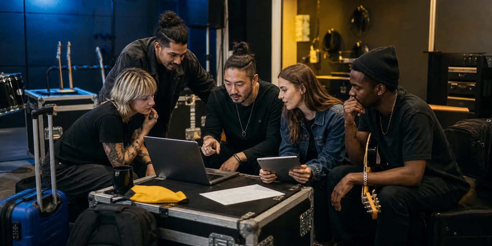 Diverse working band comparing gig schedules, setlists and tour logistics on a laptop and tablet backstage