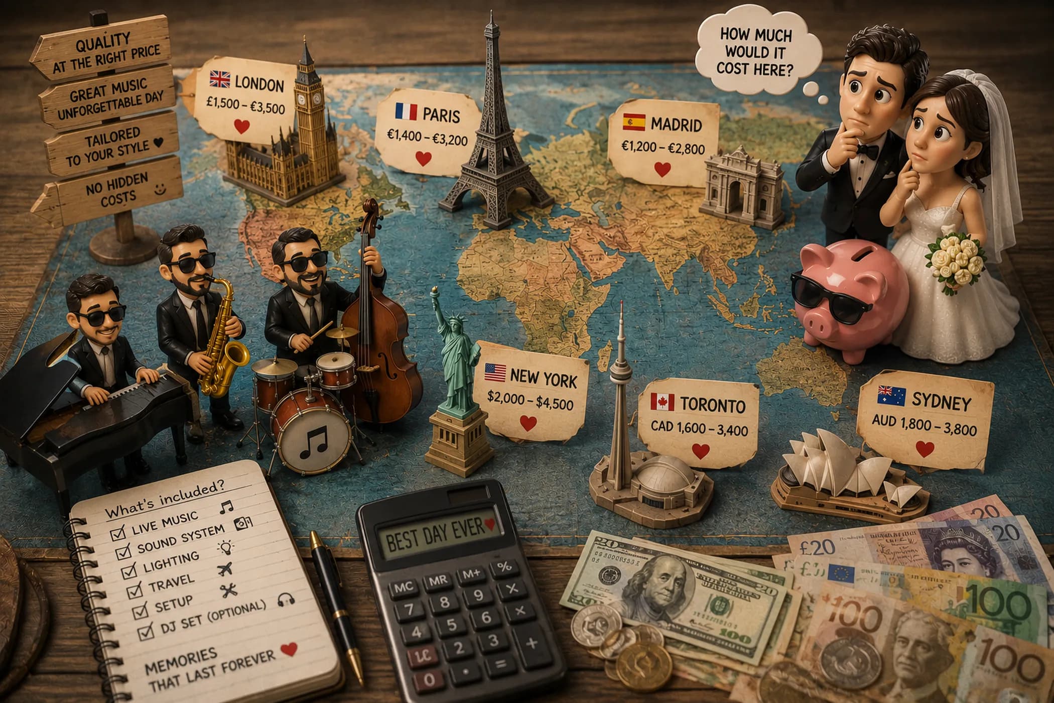 How much does a wedding band cost in 2026 in London, Paris, Madrid, New York, Toronto and Sydney: average prices per city with real market data from Hitched, The Knot, Linkaband and Vogue Entertainment for wedding bands and live music hire