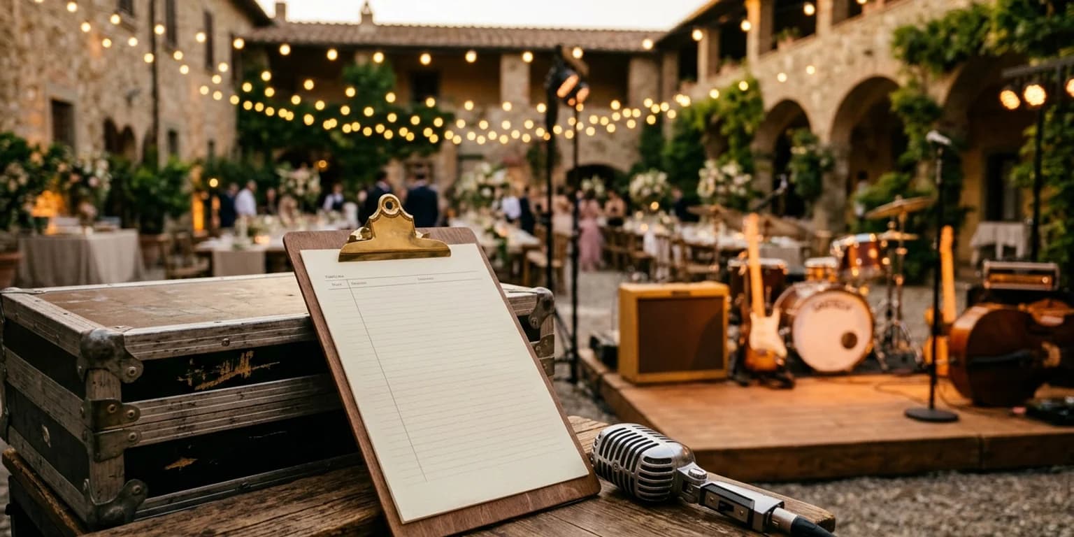 Wedding music schedule run sheet on a clipboard next to a vintage microphone, with a fairy-lit evening band stage in the background