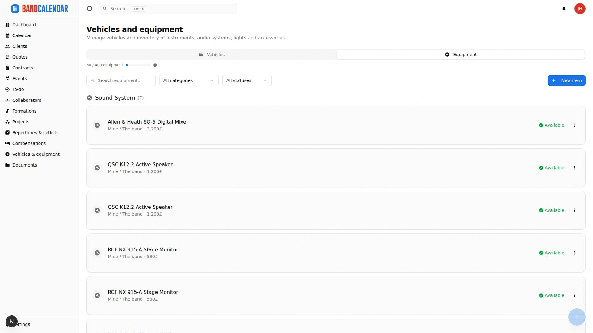 BandCalendar equipment list with categories, condition, availability and notes per item