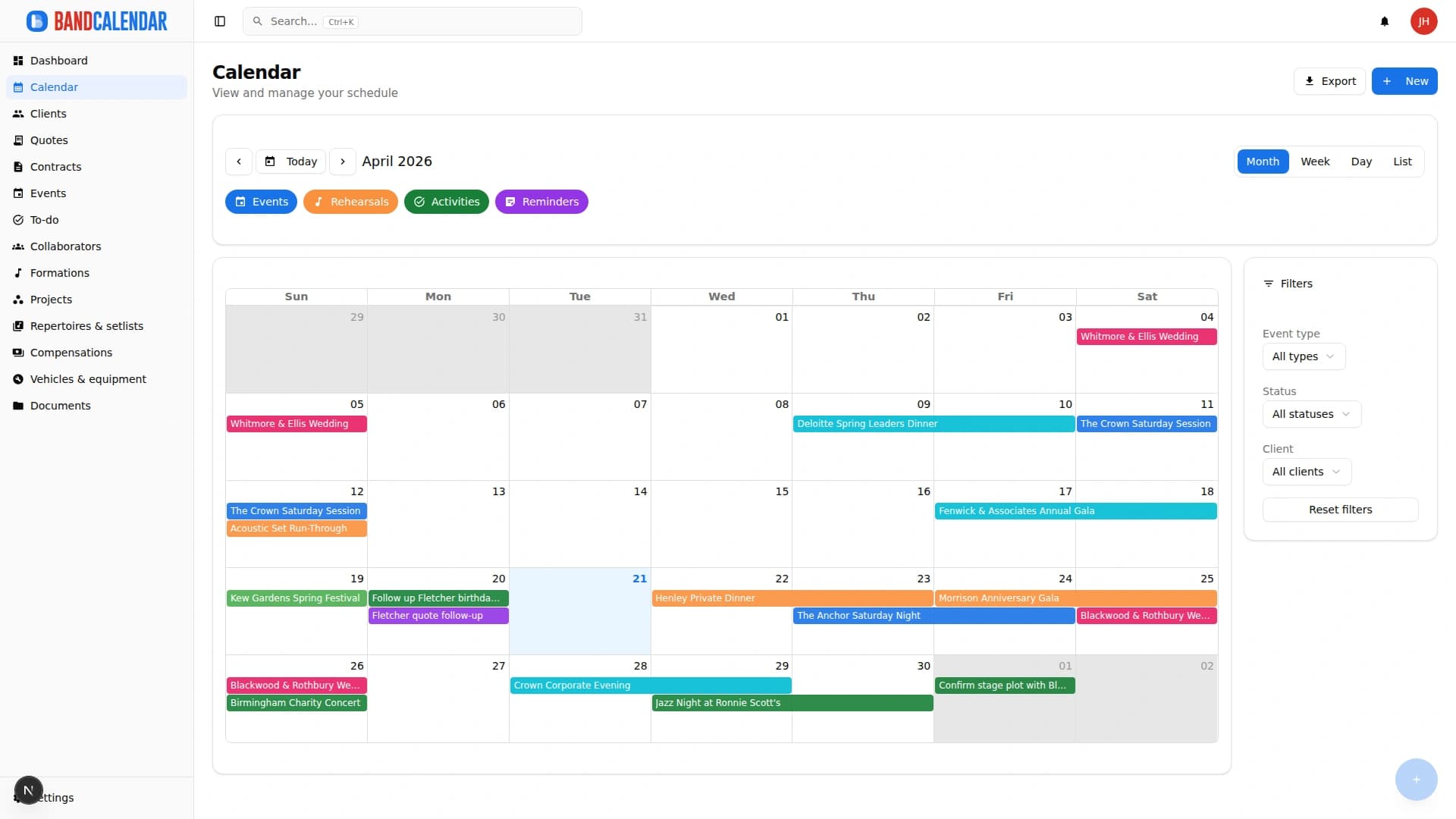 BandCalendar monthly calendar with events, rehearsals, tasks and reminders colored by type