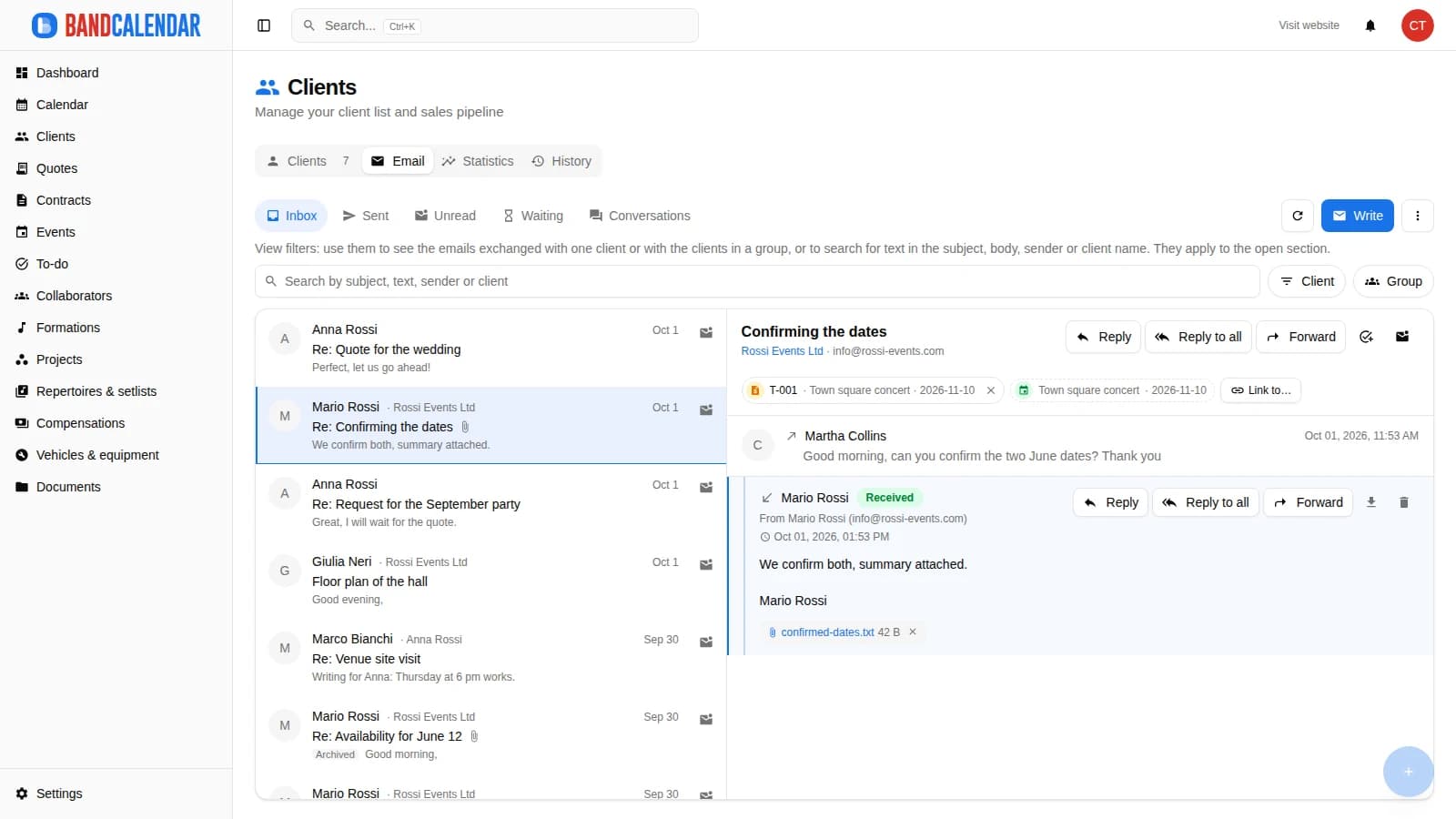 BandCalendar team mailbox with inbox, unread messages and a client conversation linked to an event and a quote