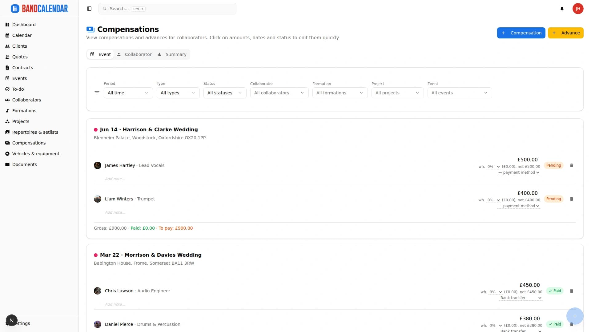 BandCalendar fees by event view with gross amounts, withholding, net amounts, advances and payment status