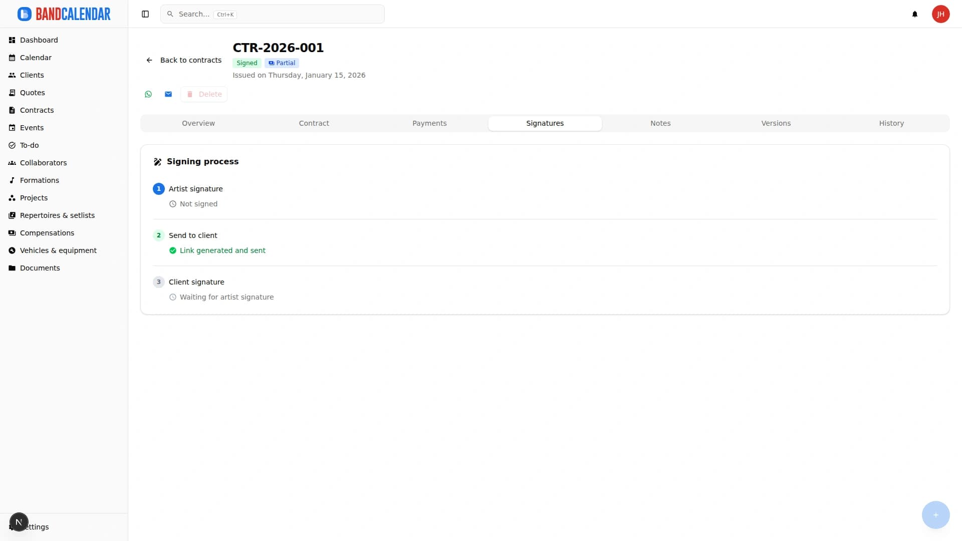 BandCalendar contract signatures tab with client signature, owner signature and electronic signature tracking