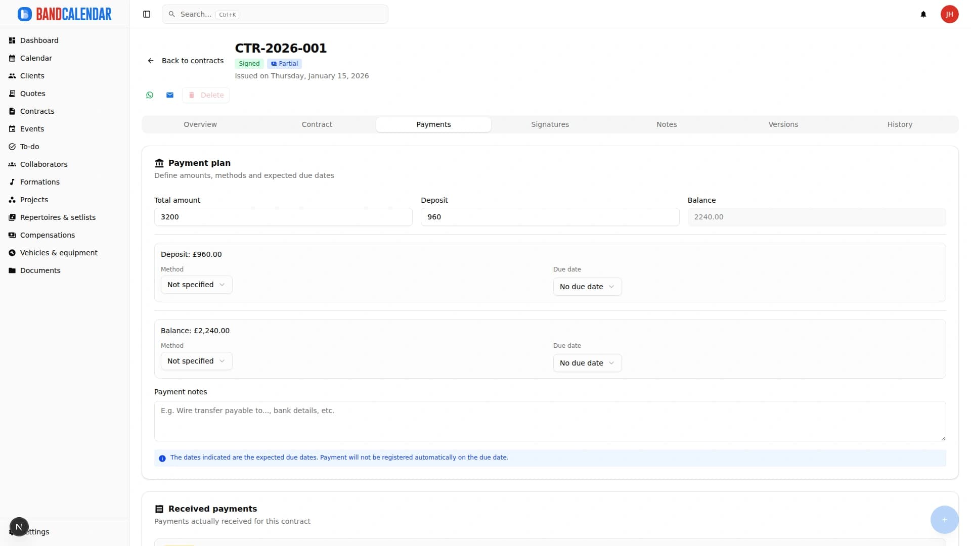 BandCalendar contract payments tab with received payments, remaining balance and payment status