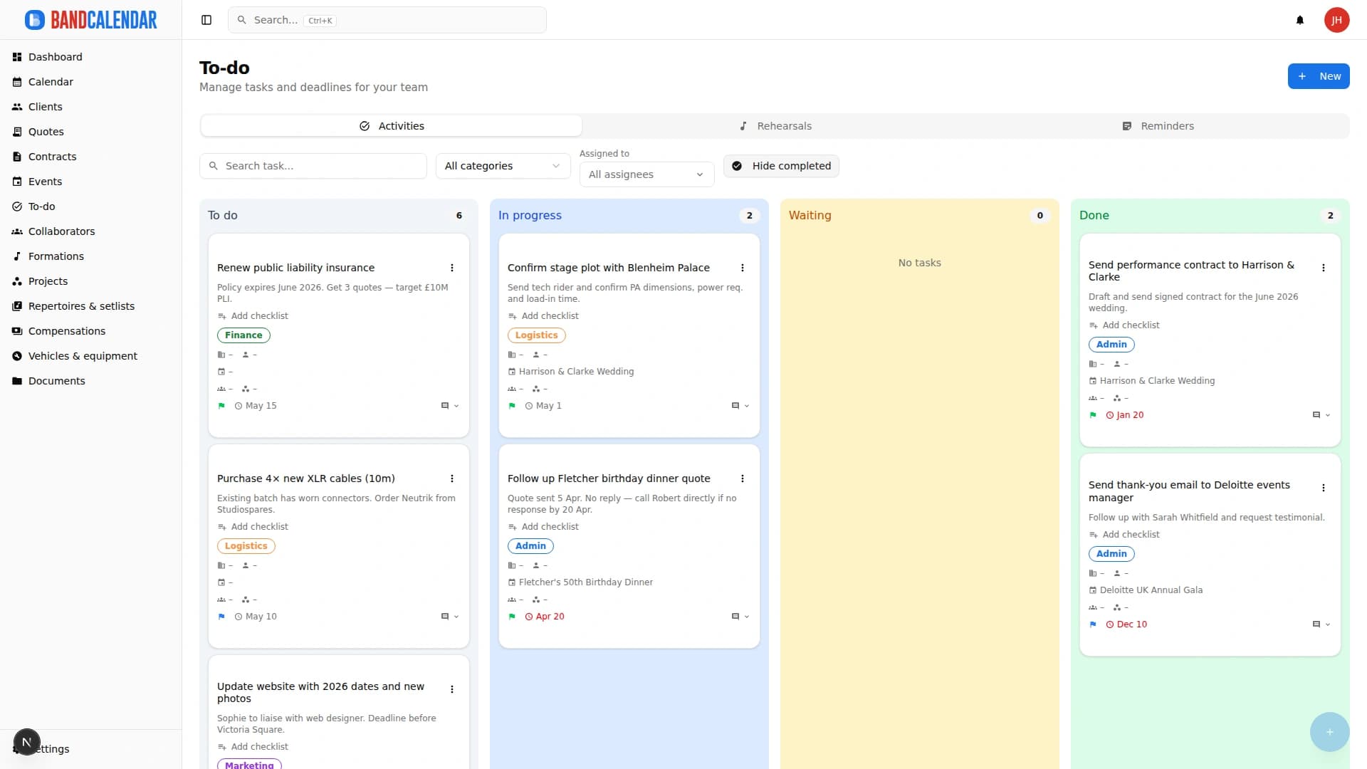 BandCalendar To-do area with Kanban tasks, priorities, due dates and assignees