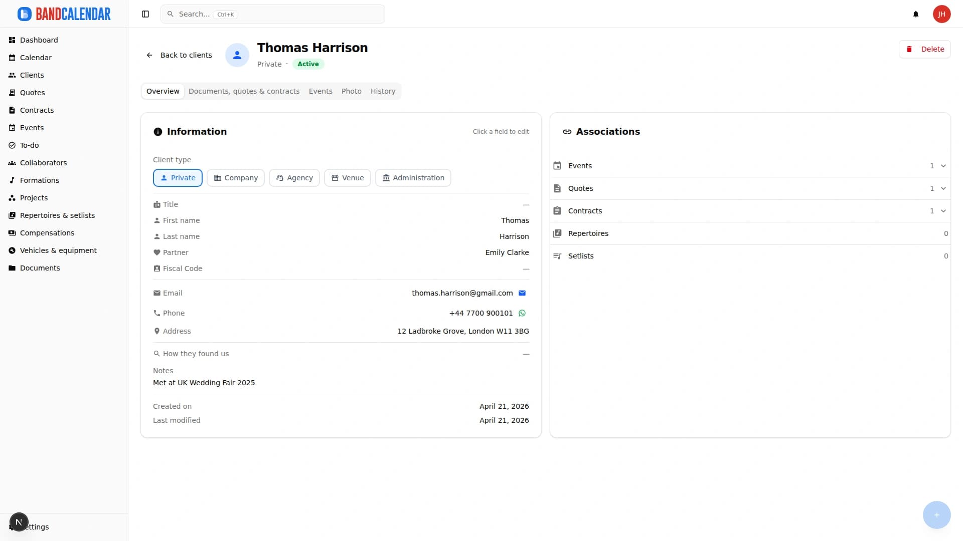 BandCalendar client page with contacts, overview and linked records