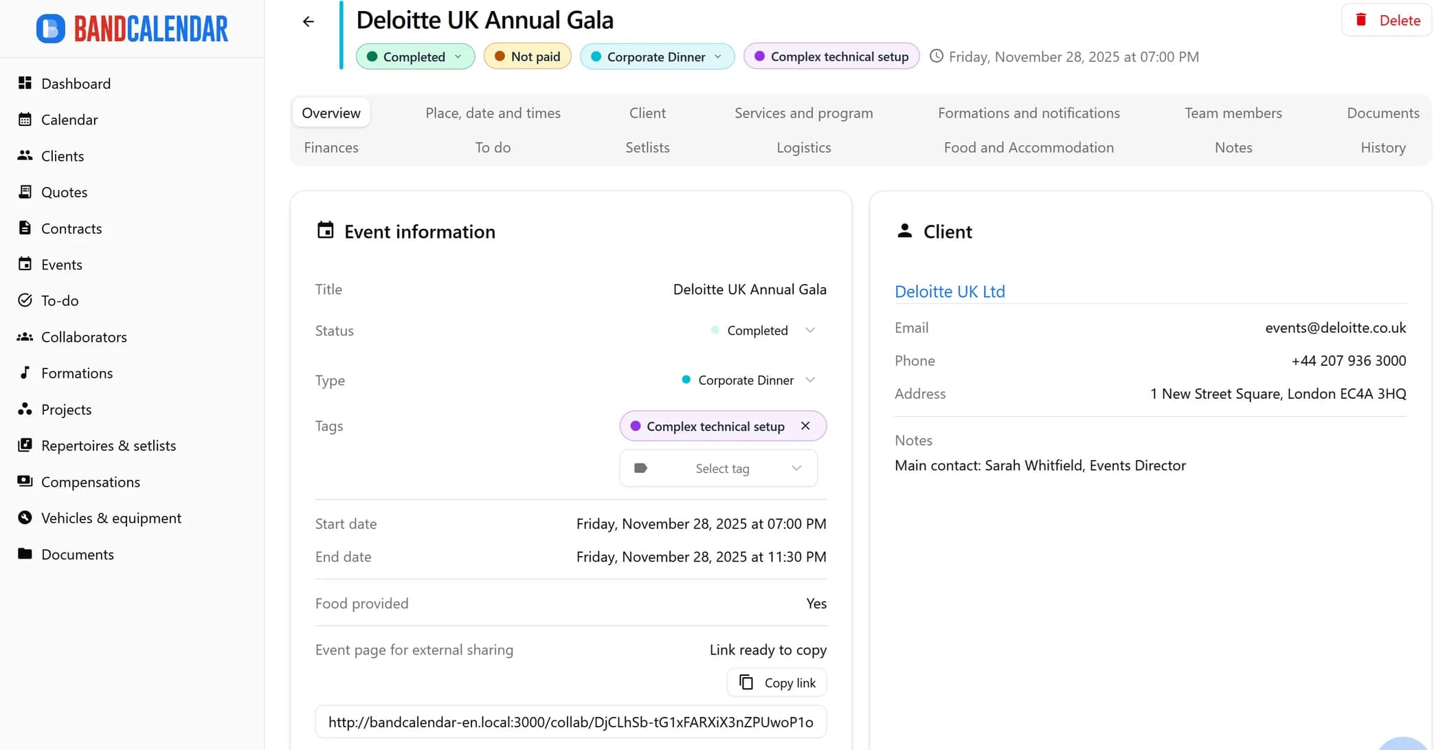 BandCalendar event detail overview with updated tabs, event information, client, tags, dates and external sharing link