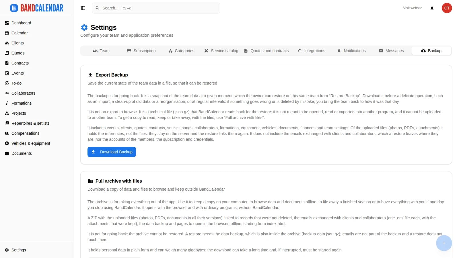 BandCalendar Backup settings tab with Export Backup and Full archive with files