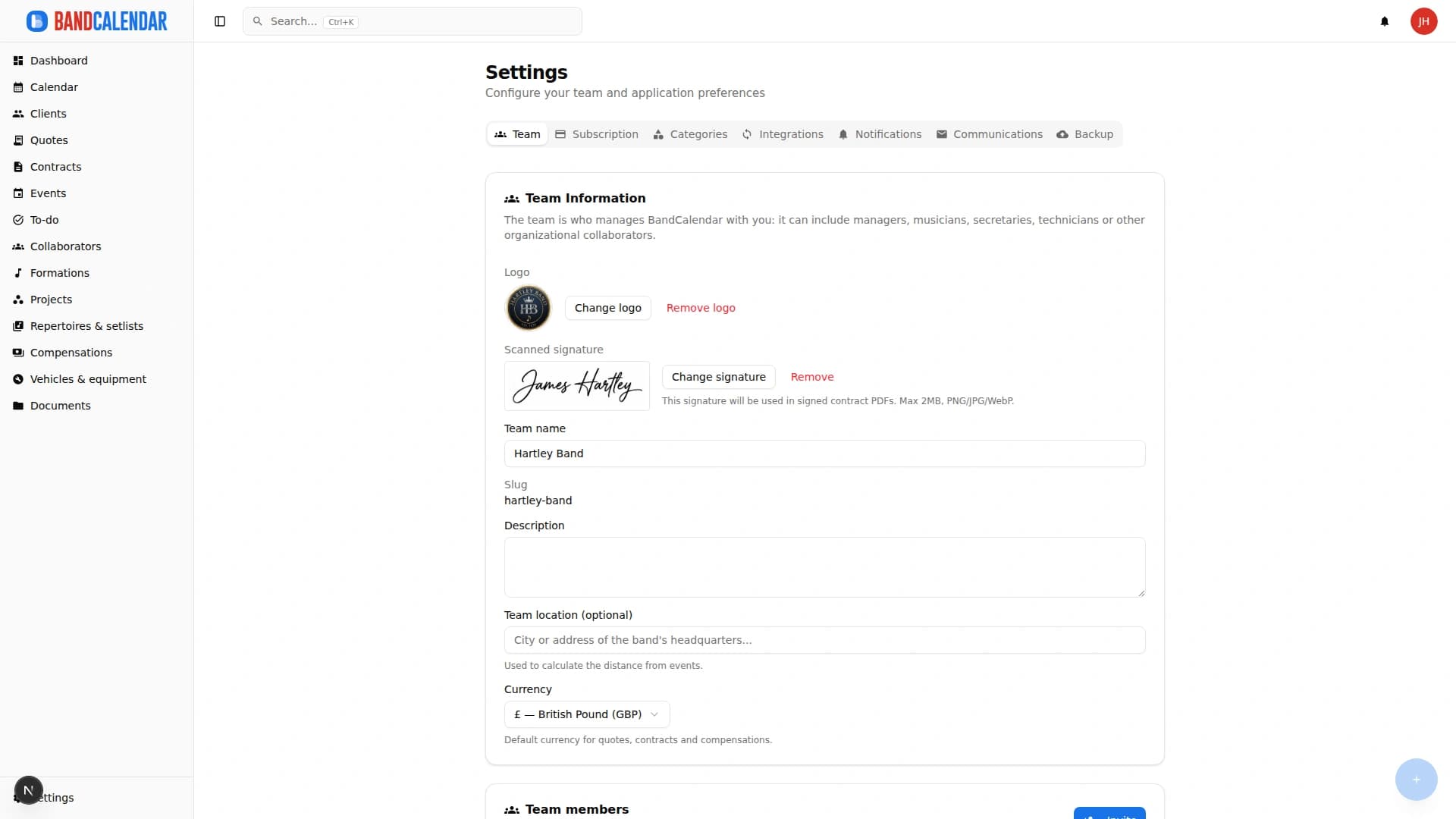 BandCalendar team settings with details, logo and member management