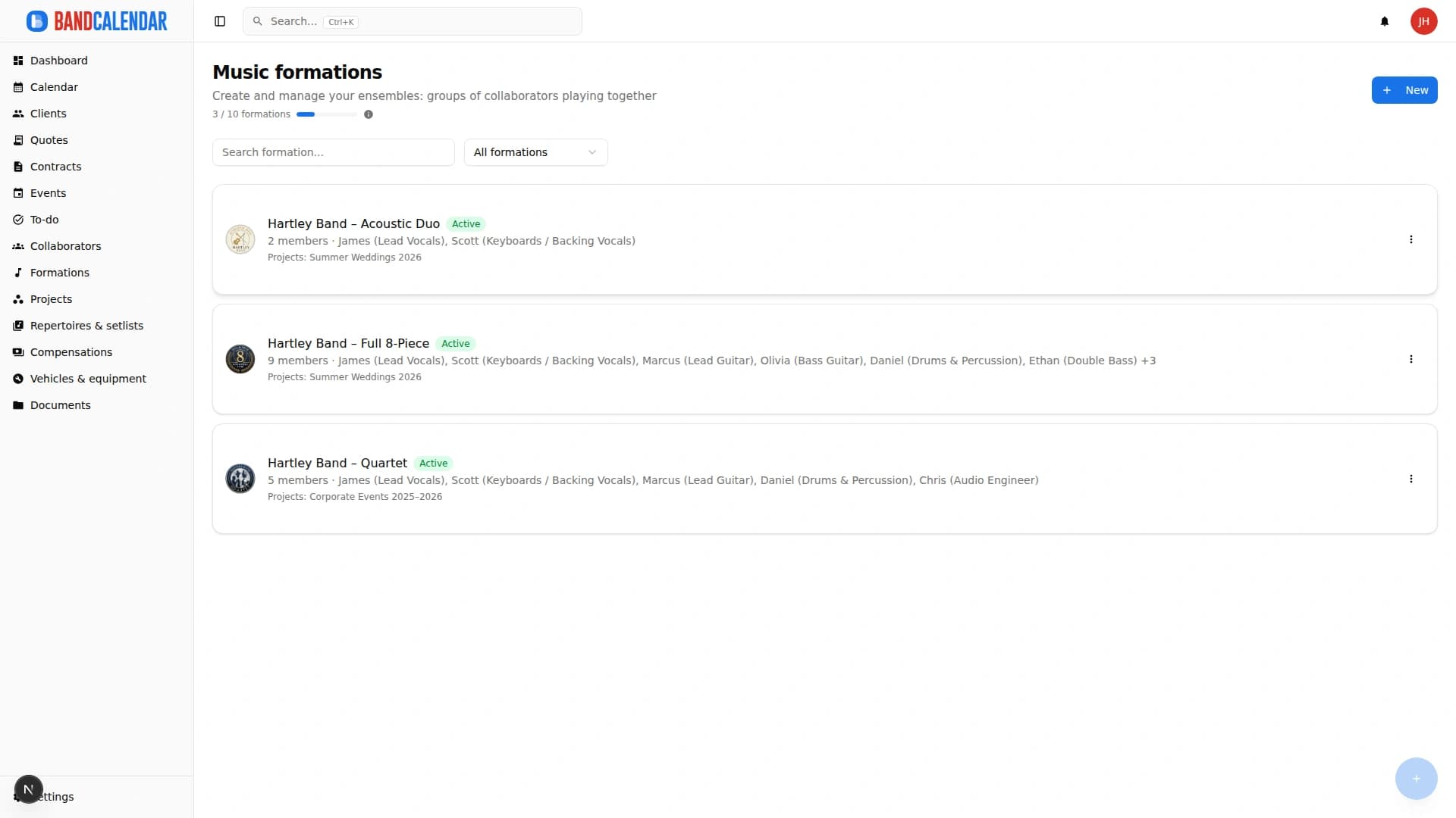 BandCalendar lineup list with cards, members, status and linked projects