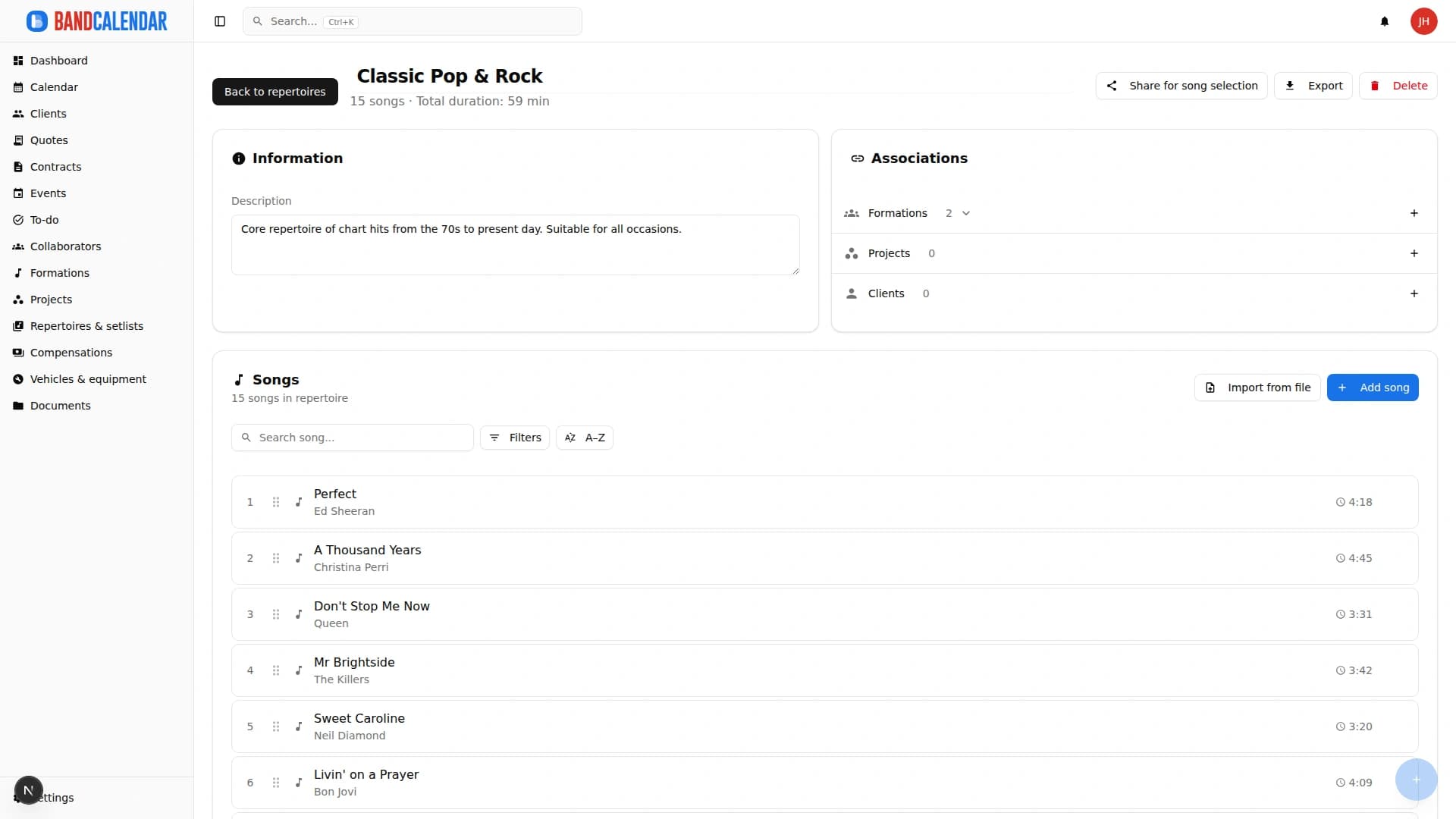 BandCalendar repertoire detail with reorderable songs, keys and durations