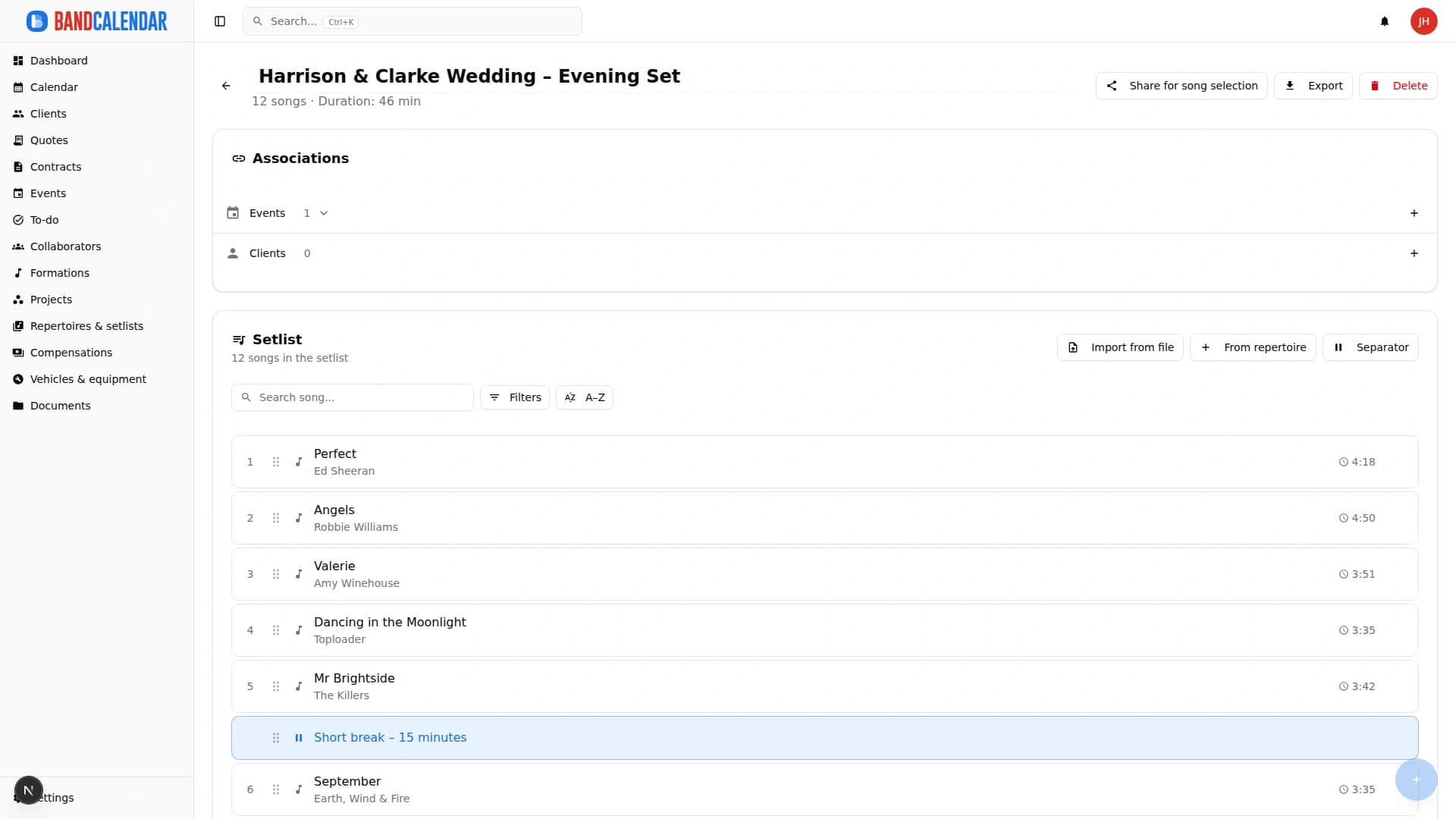 BandCalendar event setlist with ordered songs, total duration and music details