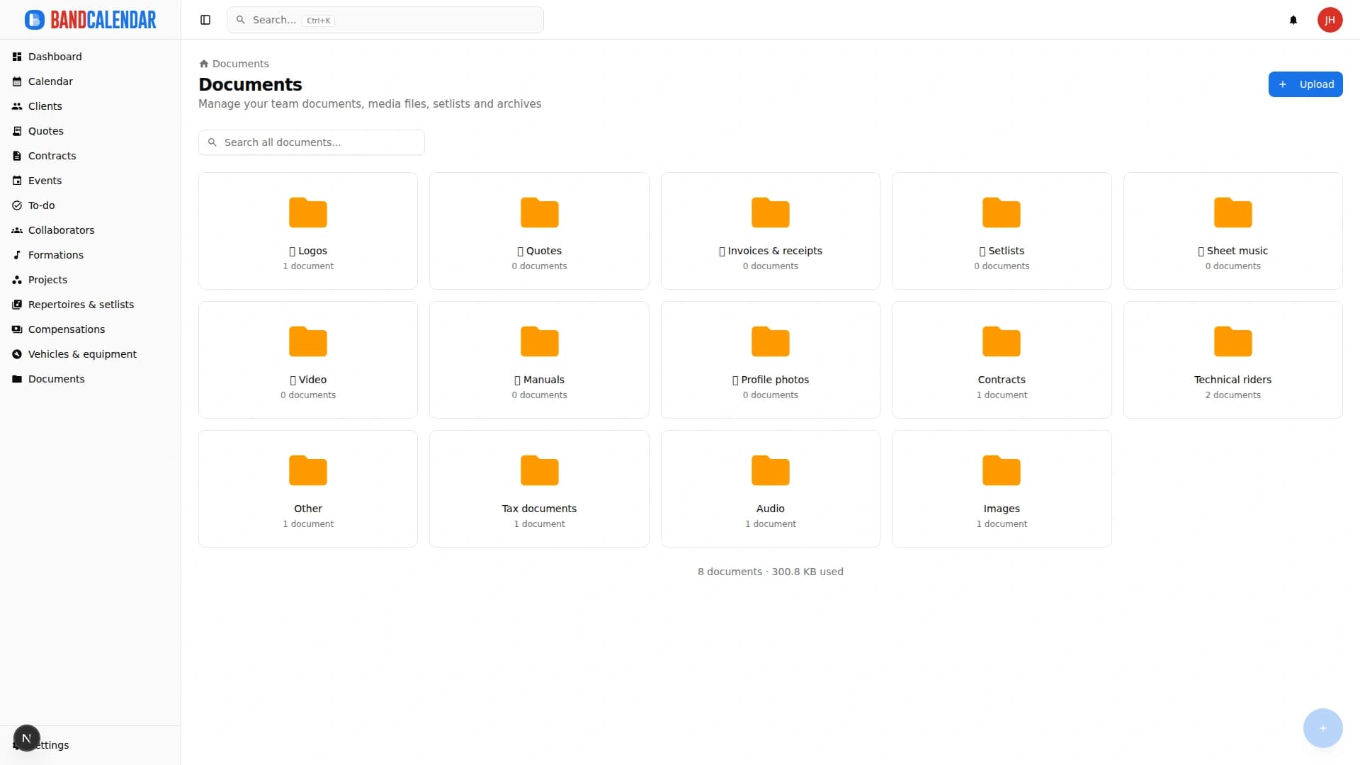 BandCalendar document archive with categories, thumbnails, previews and linked files