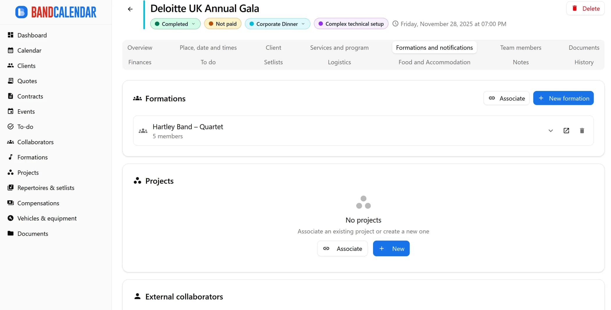 BandCalendar event Formations and notifications tab with associated formations, projects and external collaborators