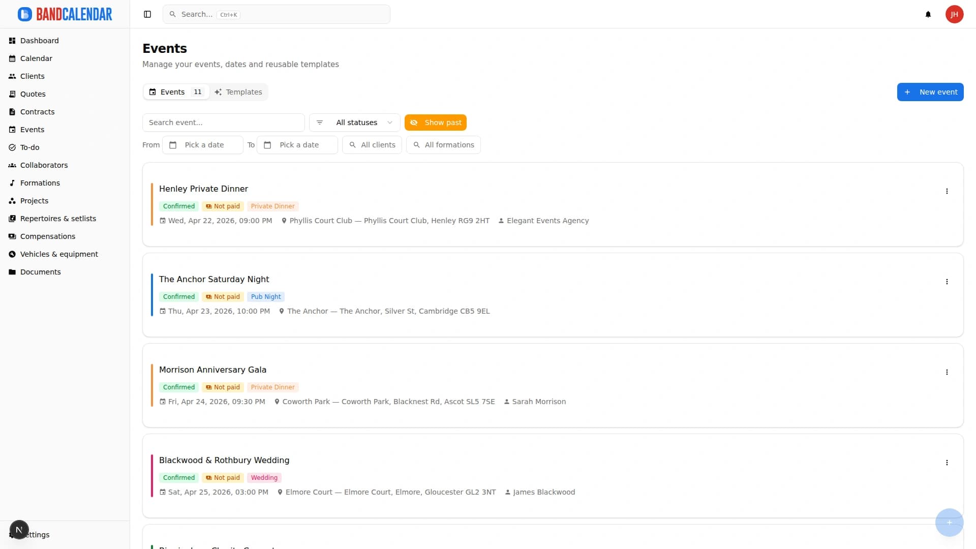 BandCalendar events list with statuses, filters, date, client, lineup and amount