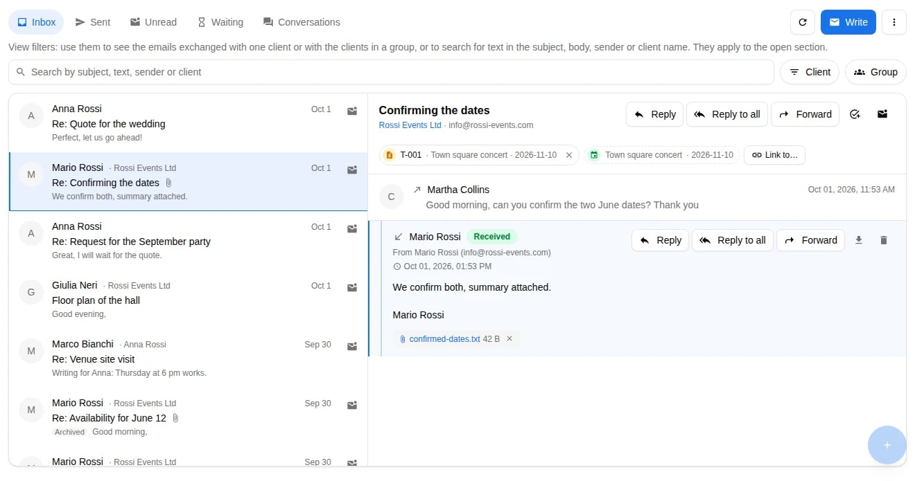 BandCalendar team mailbox — inbox and a client conversation linked to an event and a quote
