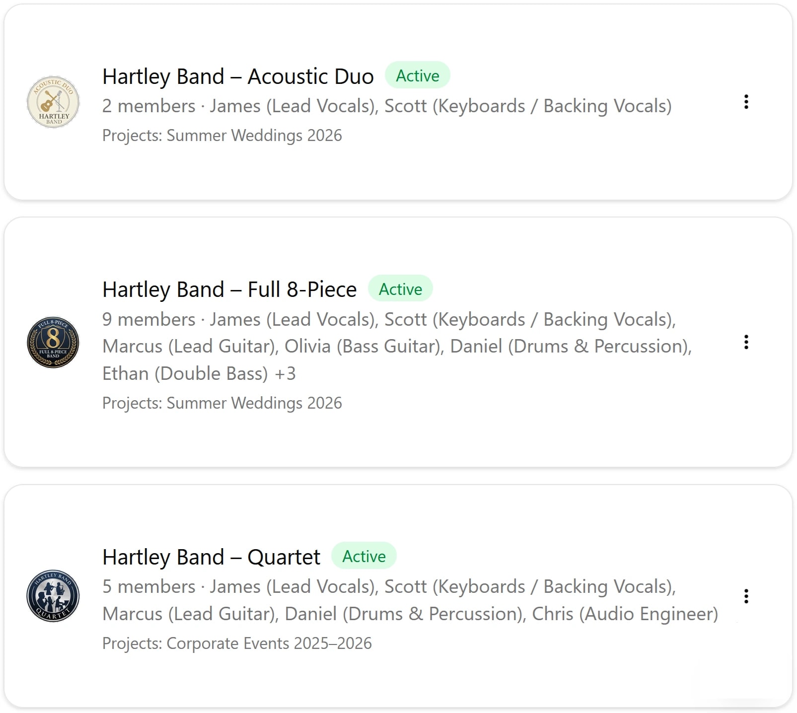 BandCalendar English formations screen showing Hartley Band lineups with active status, member roles and linked musical projects