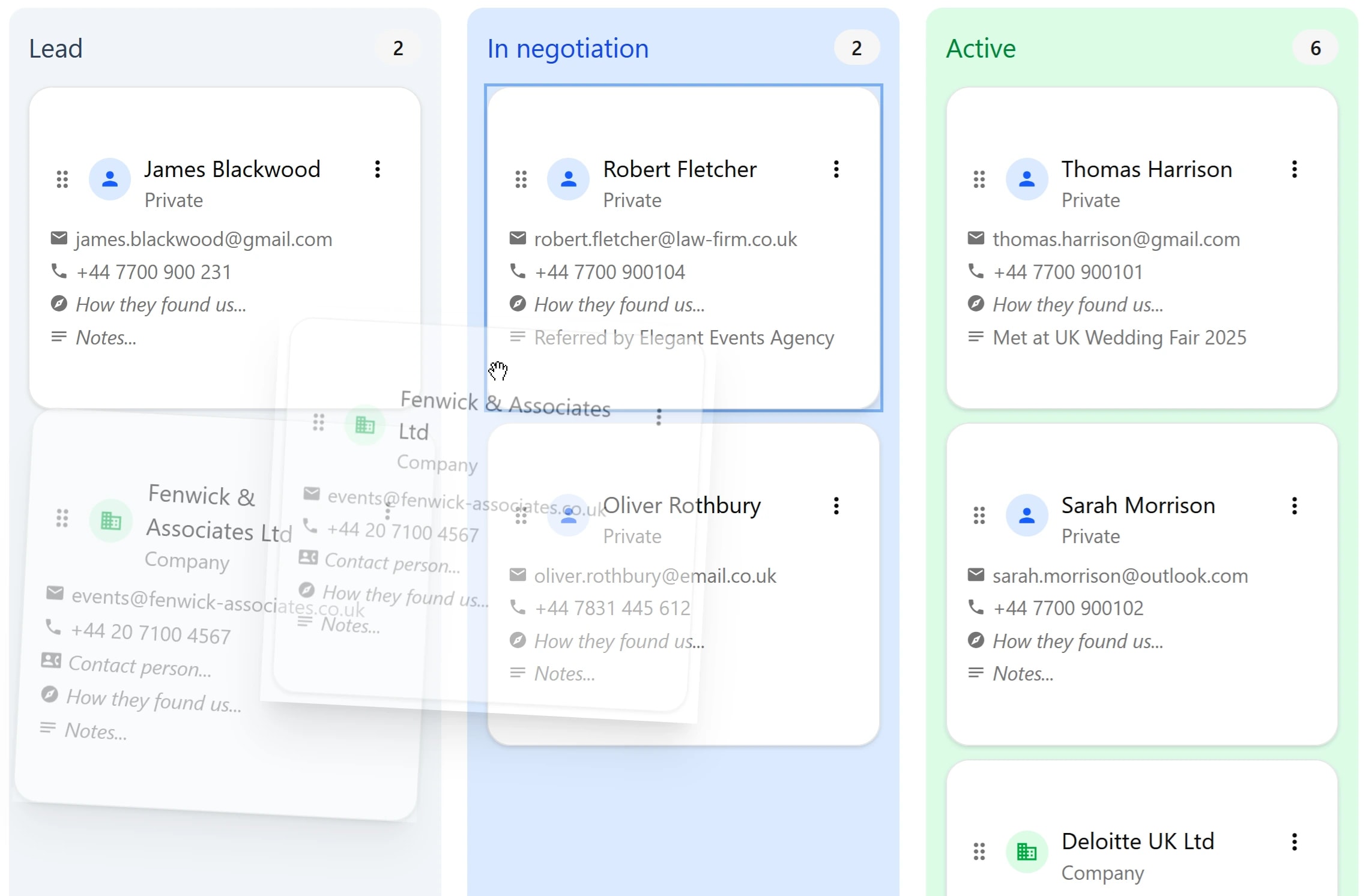 BandCalendar English Kanban client board showing Lead, In negotiation and Active columns with draggable client cards and contact details