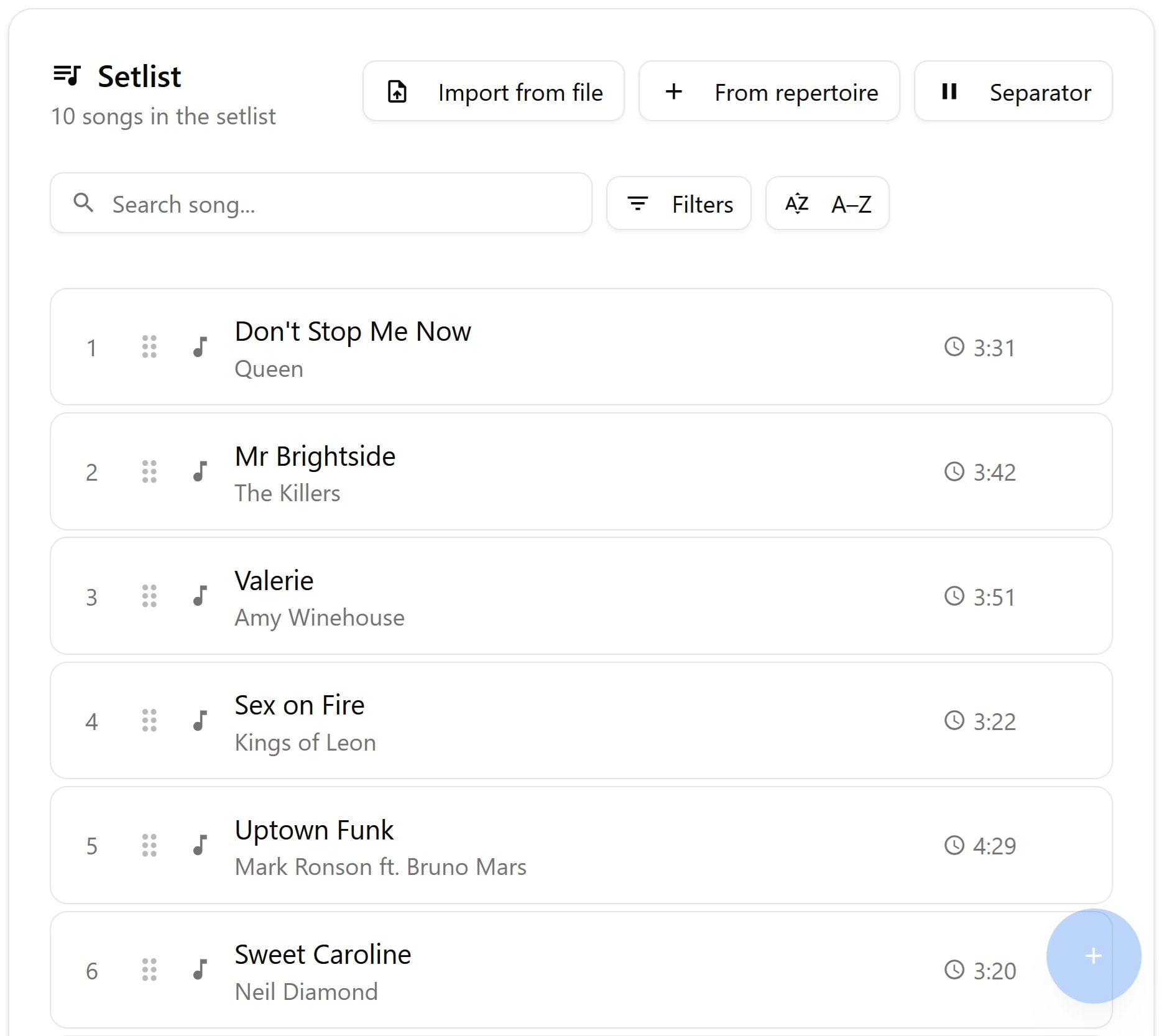 BandCalendar English setlist screen showing searchable songs, import and repertoire actions, filters, drag handles and song durations