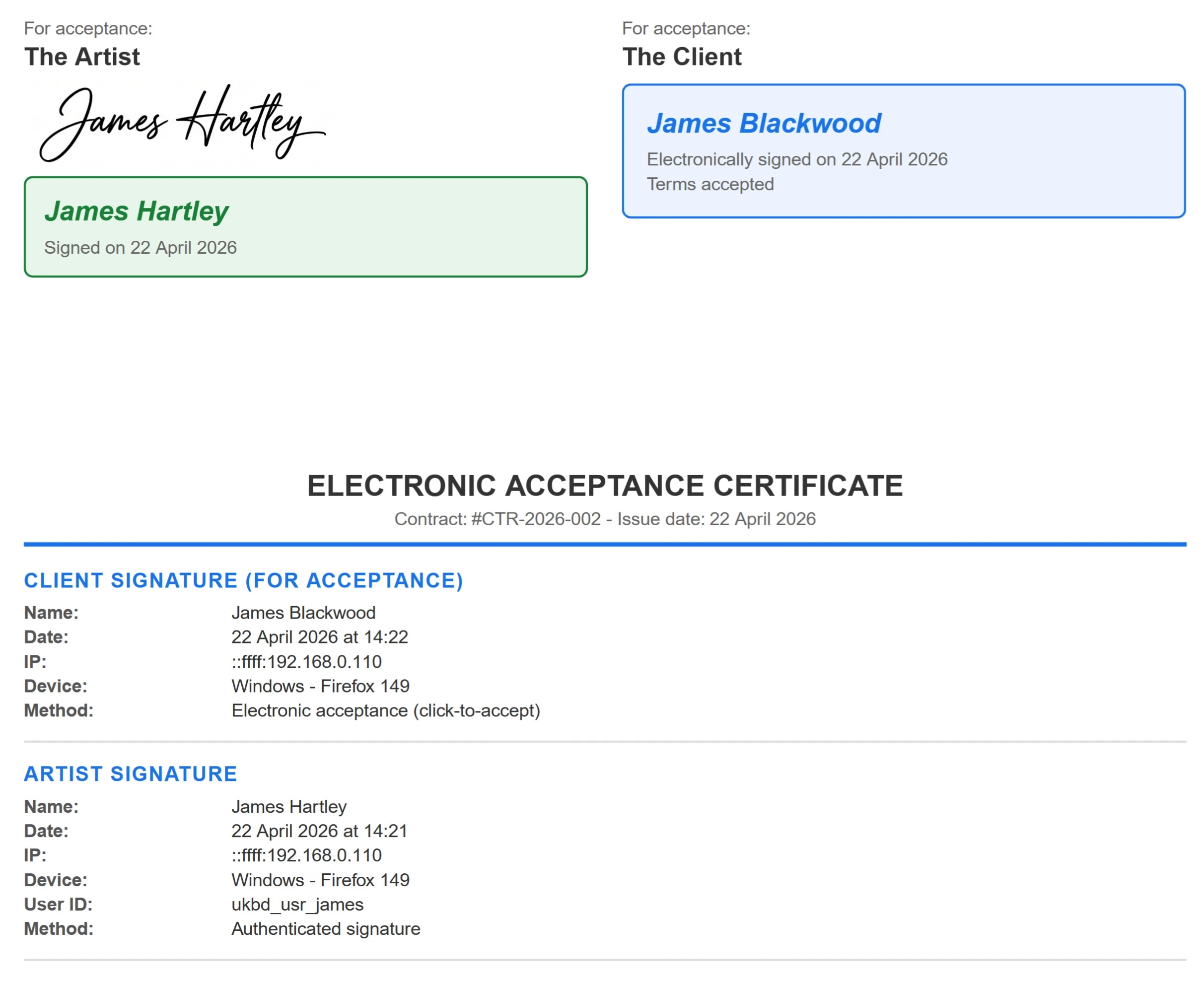 BandCalendar contract editor showing templates, dynamic fields and the client's simple electronic signature workflow